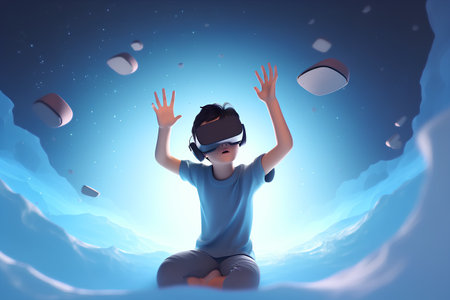 3d illustration of a boy in virtual reality headset playing game.の素材