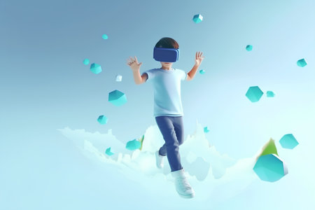 Image of little boy in virtual reality helmet against blue sky and flying cubesの素材