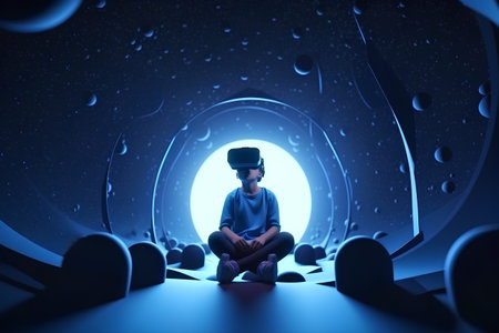 Young man with virtual reality headset sitting in a dark room, 3d renderingの素材