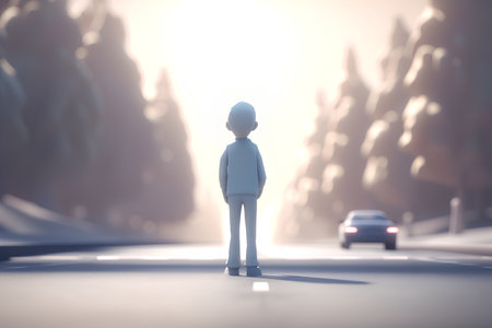 3d illustration of a man standing on the road and looking aheadの素材
