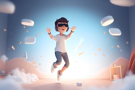 3d illustration of happy boy jumping in the room with flying objectsの素材
