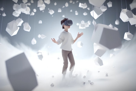 Image of young woman wearing virtual reality headset while standing among falling cubesの素材