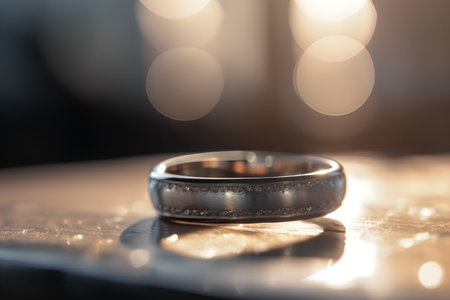 wedding rings on the table with bokeh lights backgroundの素材