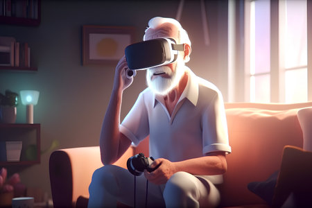 Elderly man using virtual reality headset at home. 3D renderingの素材