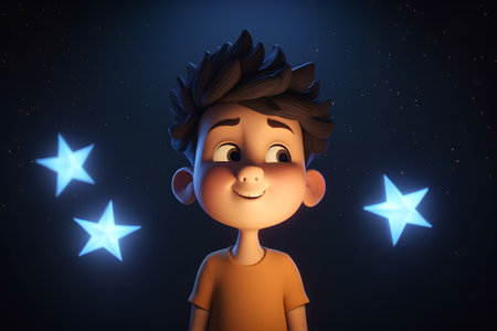 3D render of a boy with stars around his head on dark backgroundの素材