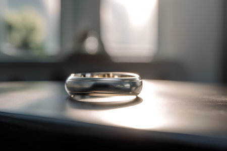 Wedding ring on the table in the morning light. Selective focus.の素材