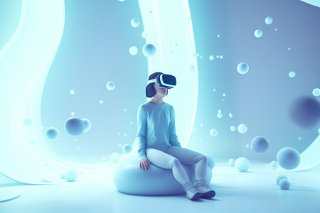 Young woman wearing virtual reality goggles. Future technology concept. 3D Renderingの素材