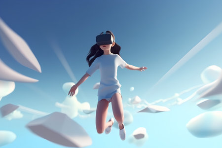 3d rendering of a young woman wearing virtual reality glasses and jumpingの素材