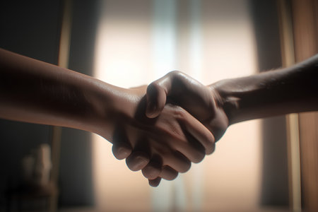 Close up image of two hands holding each other in the room.の素材