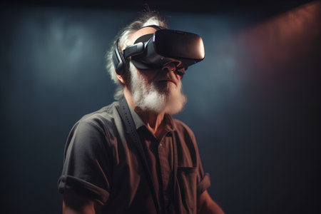 Portrait of a senior man using virtual reality headset on dark backgroundの素材