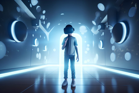 Young man wearing virtual reality goggles in futuristic interior. 3D Renderingの素材