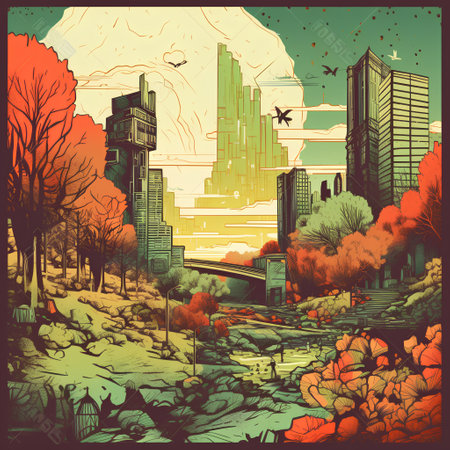 City landscape with skyscrapers and trees. Vector illustration in retro styleの素材
