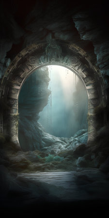 Fantasy landscape with a fantasy portal in the cave. 3d renderの素材