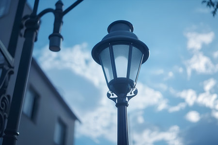 Vintage street lamp against blue sky with clouds. Blue tonedの素材