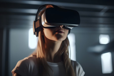 Young woman wearing virtual reality goggles. Future technology and entertainment concept.の素材