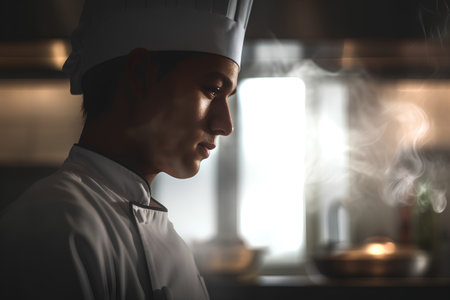 Portrait of a young male chef preparing a meal in the kitchenの素材