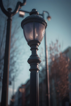 Lamp post in the city. Retro style toned image.の素材