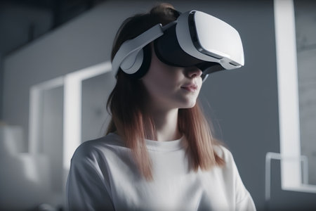 Young woman wearing virtual reality goggles at home. Future technology concept.の素材