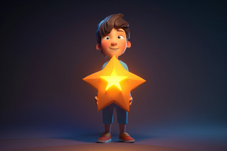 3D Illustration of a Little Boy with a Star in his Handの素材