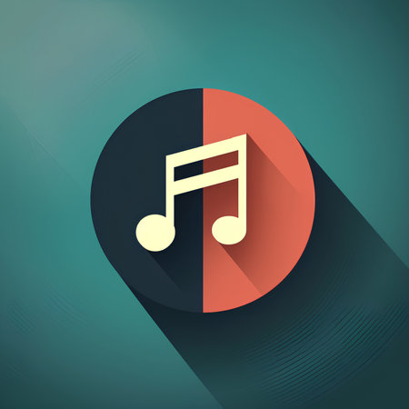 Music note icon, flat design. Red circle with long shadow on green backgroundの素材
