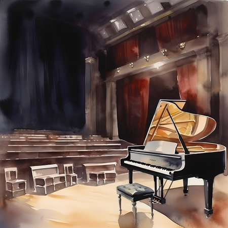 Illustration of piano in the concert hall. Watercolor painting.の素材