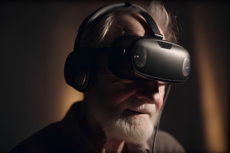 Elderly man wearing virtual reality goggles. Selective focus.の素材