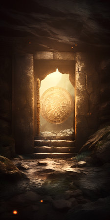 Fantasy scene with stone cave door and glowing light. 3D renderingの素材