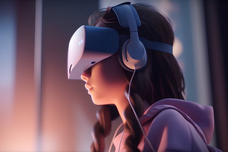 Beautiful young woman wearing a virtual reality headset and listening to musicの素材