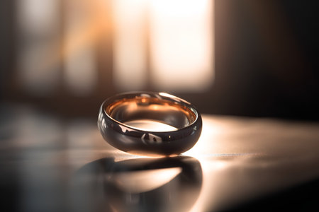 Wedding rings on a table in the light of the sunの素材