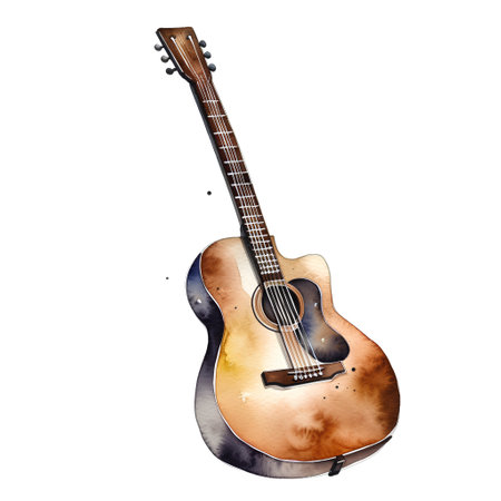 Hand drawn watercolor illustration of acoustic guitar. Isolated on white background.の素材