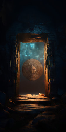 Mystical door in ancient temple. 3D rendering. Computer digital drawing.の素材