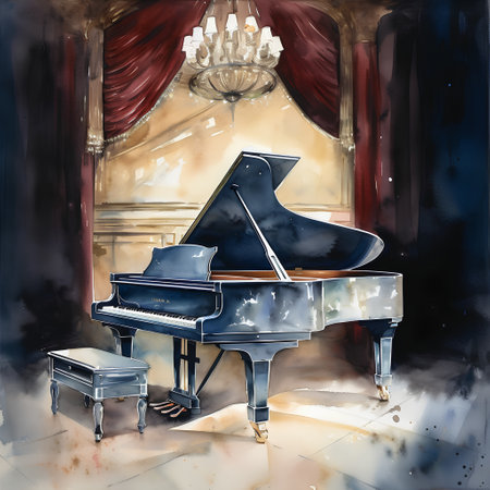 Piano on the stage. Digital watercolor painting, illustration.の素材