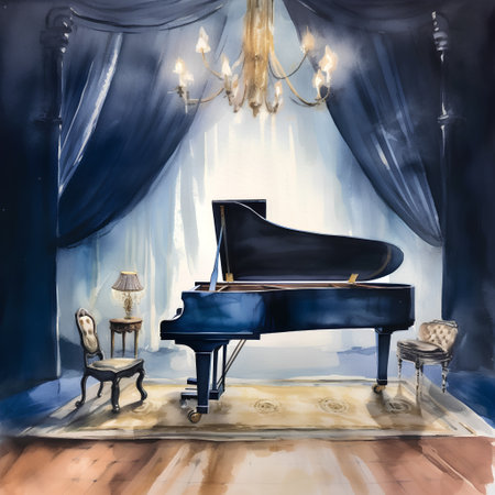 Piano in the room with blue curtains. Watercolor painting.の素材