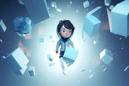 3d rendering of a little boy flying in space surrounded by cubesの素材