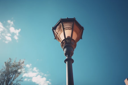 Street lamp on blue sky background. Filtered image processed vintage effect.の素材