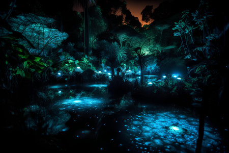 Fantasy night scene in the tropical garden. 3D rendering.の素材