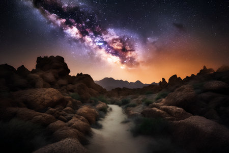 Milky Way over a path in the mountains. 3d renderingの素材