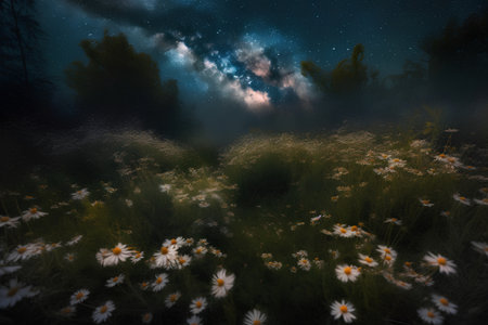Starry sky over meadow with daisies and milky wayの素材