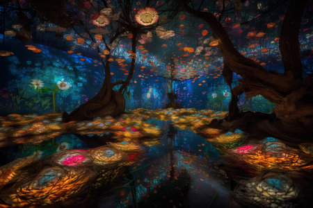 Fantasy forest. 3D surreal illustration. Sacred geometry. Mysterious psychedelic relaxation pattern. Fractal abstract texture. Digital artwork graphic astrology magicの素材