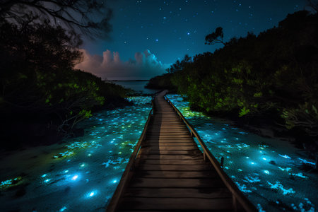 Wooden pier at night on the seashore in the tropicsの素材