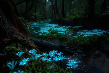 flowers in the forest at night, beautiful photo digital picture.の素材