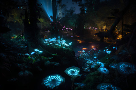 Fantasy night scene in the forest. Fairy lights in the dark.の素材
