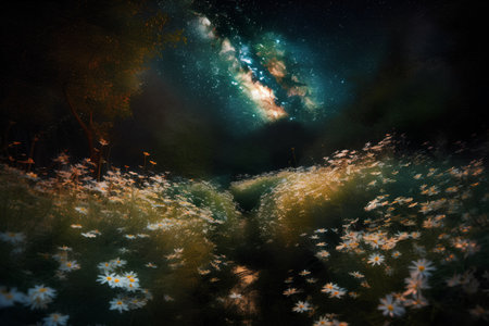 Milky Way in the forest with daisies. 3D renderingの素材