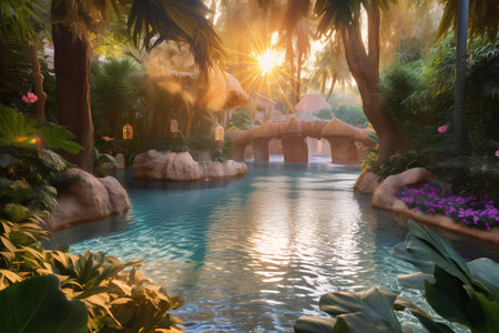 Beautiful tropical garden with swimming pool and palm trees at sunset.の素材