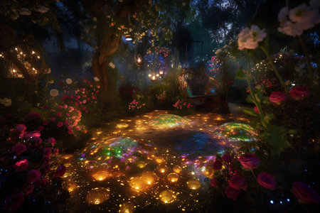 Fantasy garden at night with flowers and lanterns, 3d renderの素材