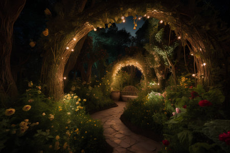 Wedding archway in the garden at night, 3d renderの素材