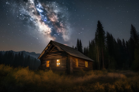 Old wooden house in the mountains at night with a milky wayの素材