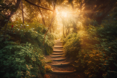 Stairway in the forest with sun rays and foggy morningの素材