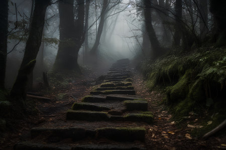 Staircase in the foggy forest with mossy rocks.の素材