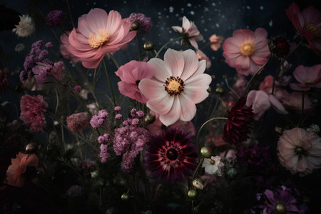 beautiful flowers in the garden on a dark background with stars.の素材